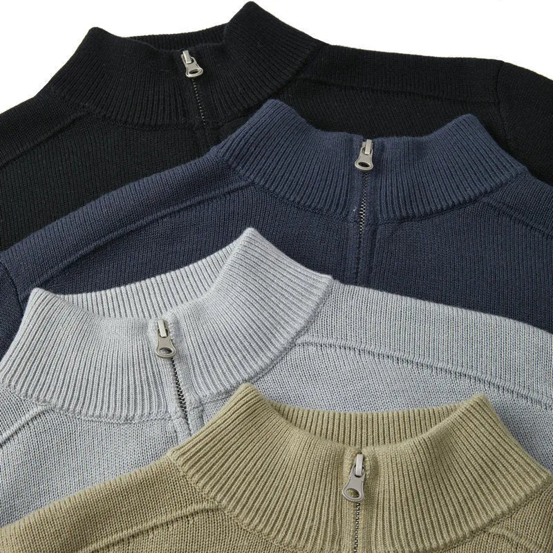 Men's slim fit casual pullover sweater in thickened wool, shown in a stone sand colour.