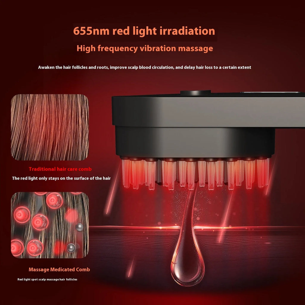 Pink and black smart massage comb with red light therapy for head care, shown actual size under 10cm.