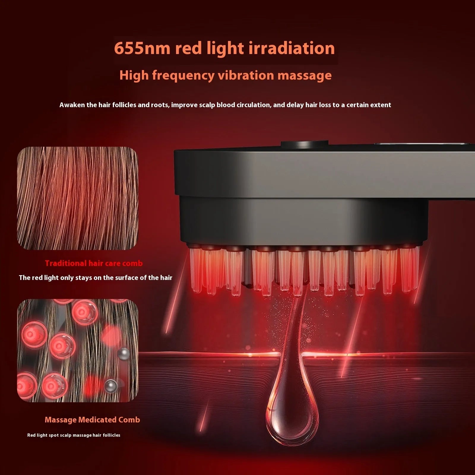 Pink and black smart massage comb with red light therapy for head care, shown actual size under 10cm.