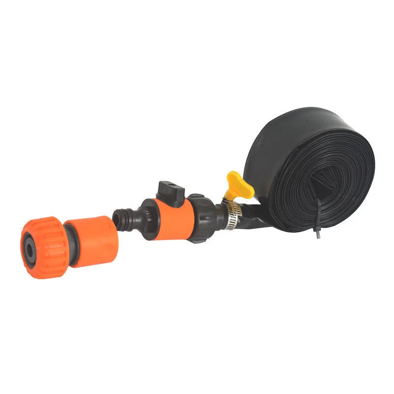 Blue portable PVC garden sprinkler with solar water cooling system on a lawn.