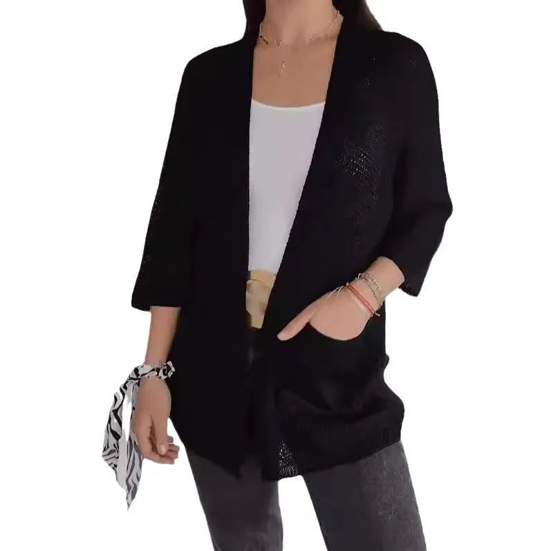 Women's waffle knit cardigan coat with nine-quarter sleeves in multiple colour options