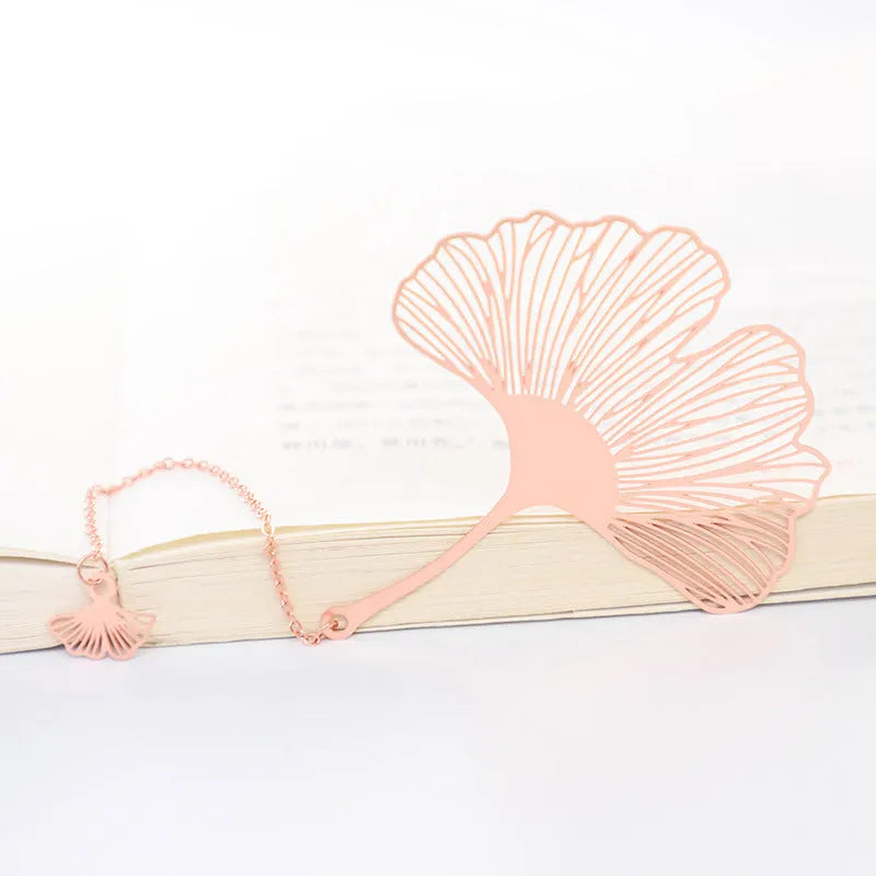 Brass metal hollow plated bookmark with leaf design and rose gold tassel