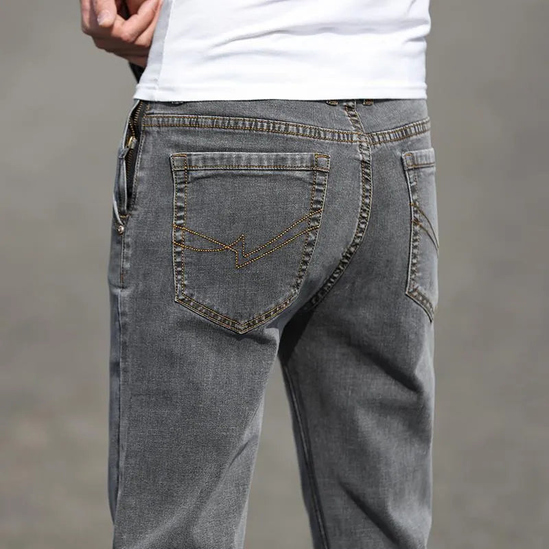 Men's smoky grey low waist straight leg jeans with high elasticity rabbit fur fabric