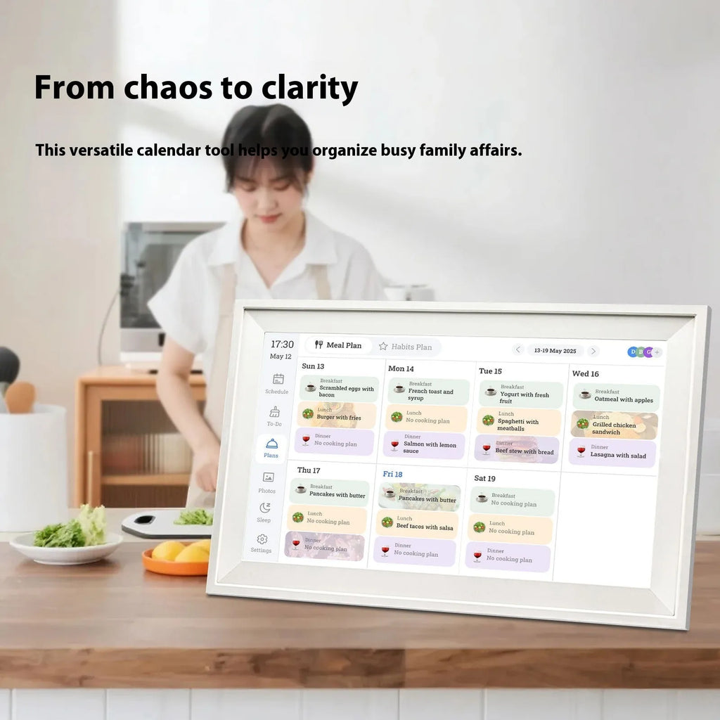 White 15.6 inch smart digital photo frame with app control on tabletop stand