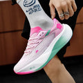 Low-top racing sneakers with carbon plate, colour options Glacier, pink green, red blue, yellow on a natural rubber sole.