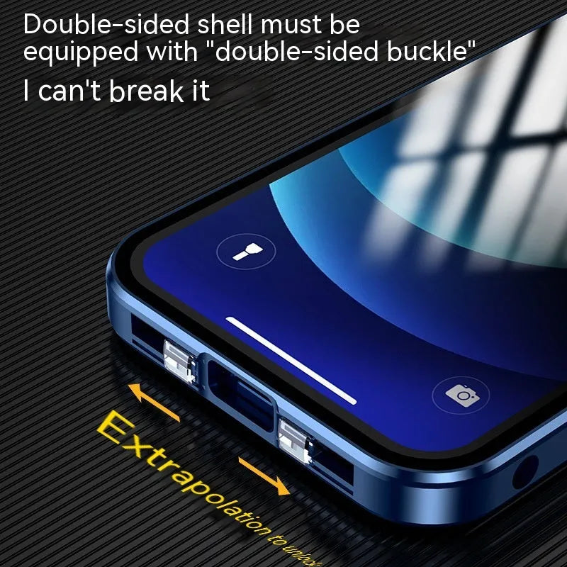 Glass iPhone case with double-sided buckle shown in multiple colours: black, blue, gold, green, and silver grey.