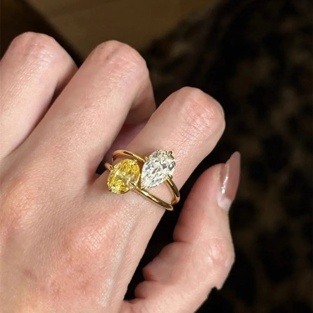 Water drop contrast colour open ring for women with geometric shape and double Sheng stone detail