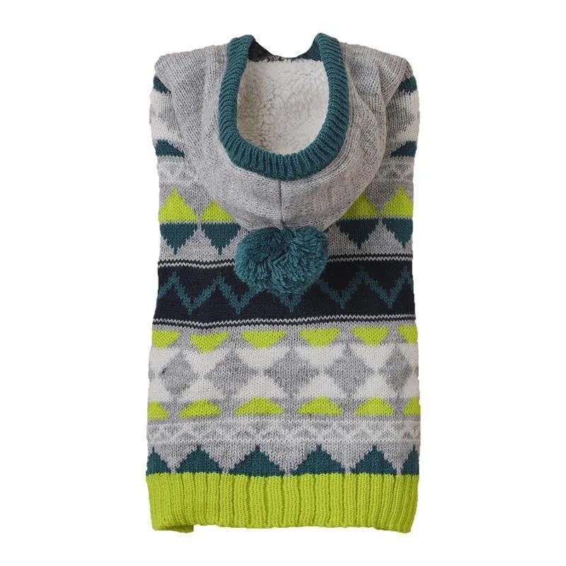 Green diamond pattern knitted pet sweater on small dog showing classic design and proper fit