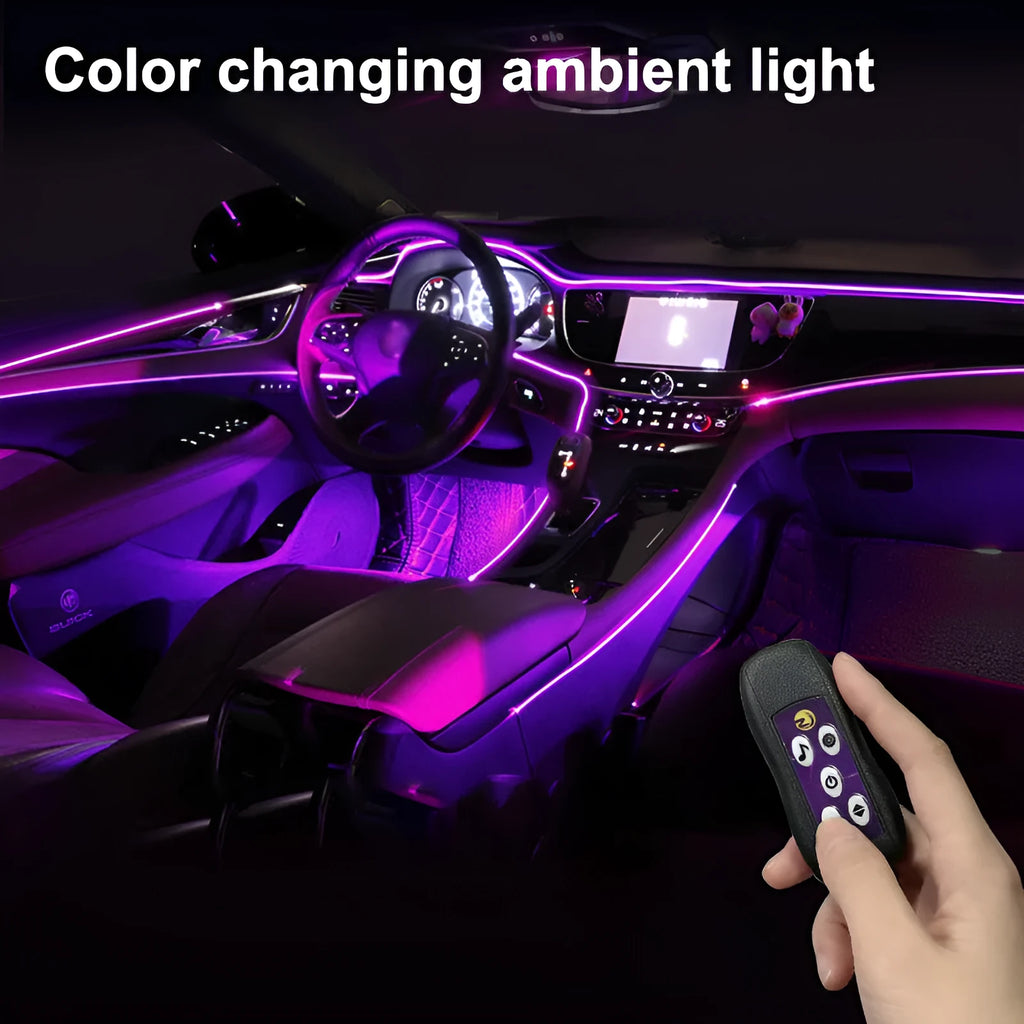 Car LED atmosphere light with colourful changing illumination on dashboard and centre console