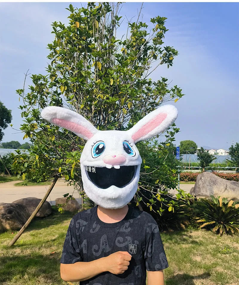 White long-eared rabbit head plush cover on an electric motorcycle helmet.