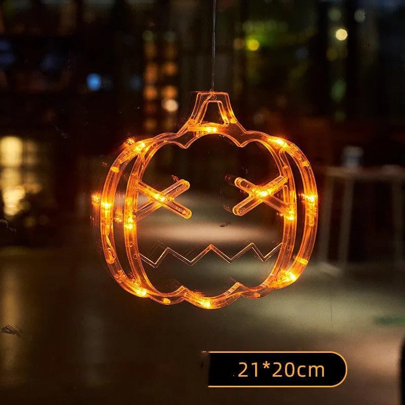 Halloween window hanging LED lights set with spider, pumpkin, and ghost decorations on suction cups