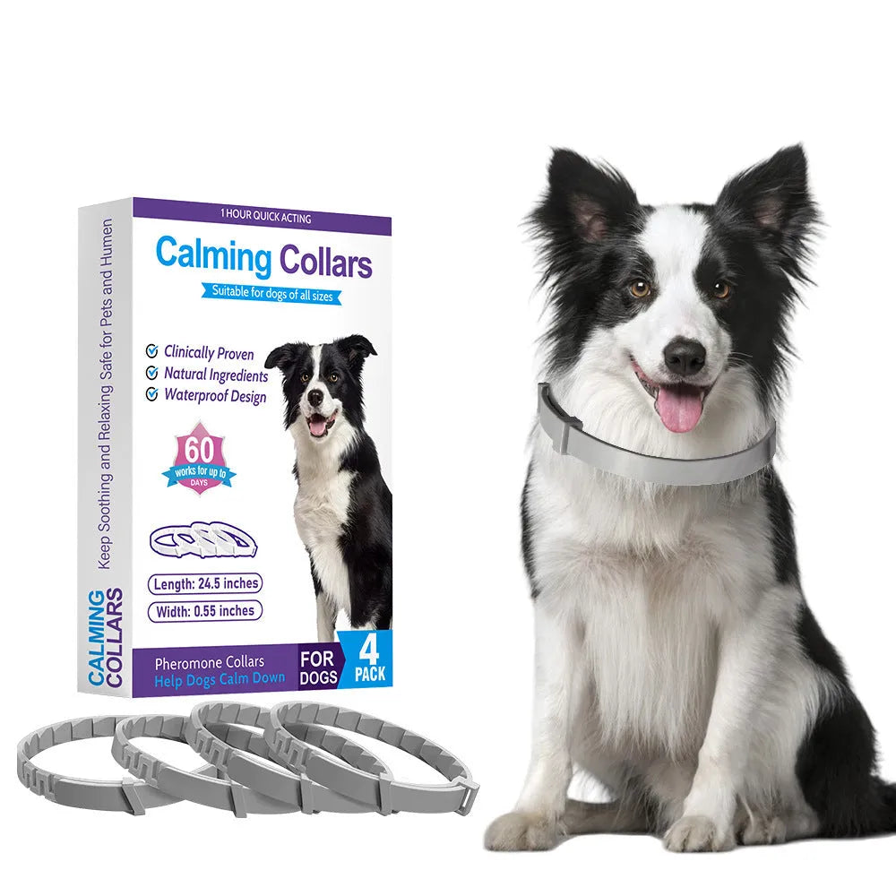 Pack of four monochrome coloured TPR dog anxiety relief collars with adjustable 62cm sizing.