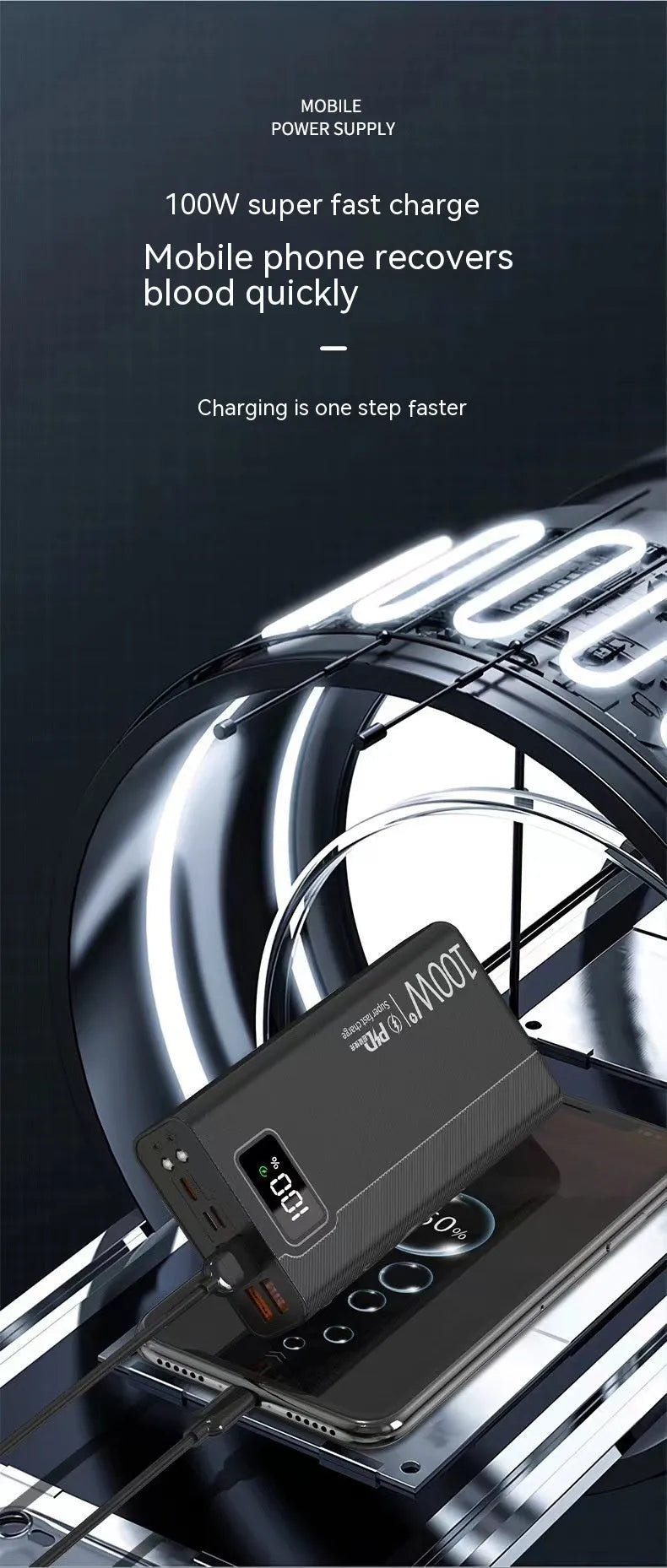 Black and white large capacity plastic power bank with fast charging