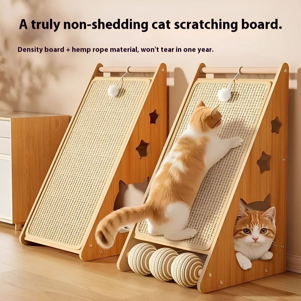 Vertical wall-mounted cat scratch board with sisal surface and hemp rope ball toy