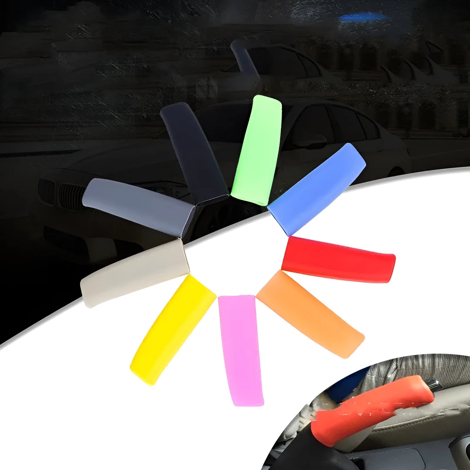 Universal silicone handbrake sleeve for cars in black, grey, beige, red, and blue colours.