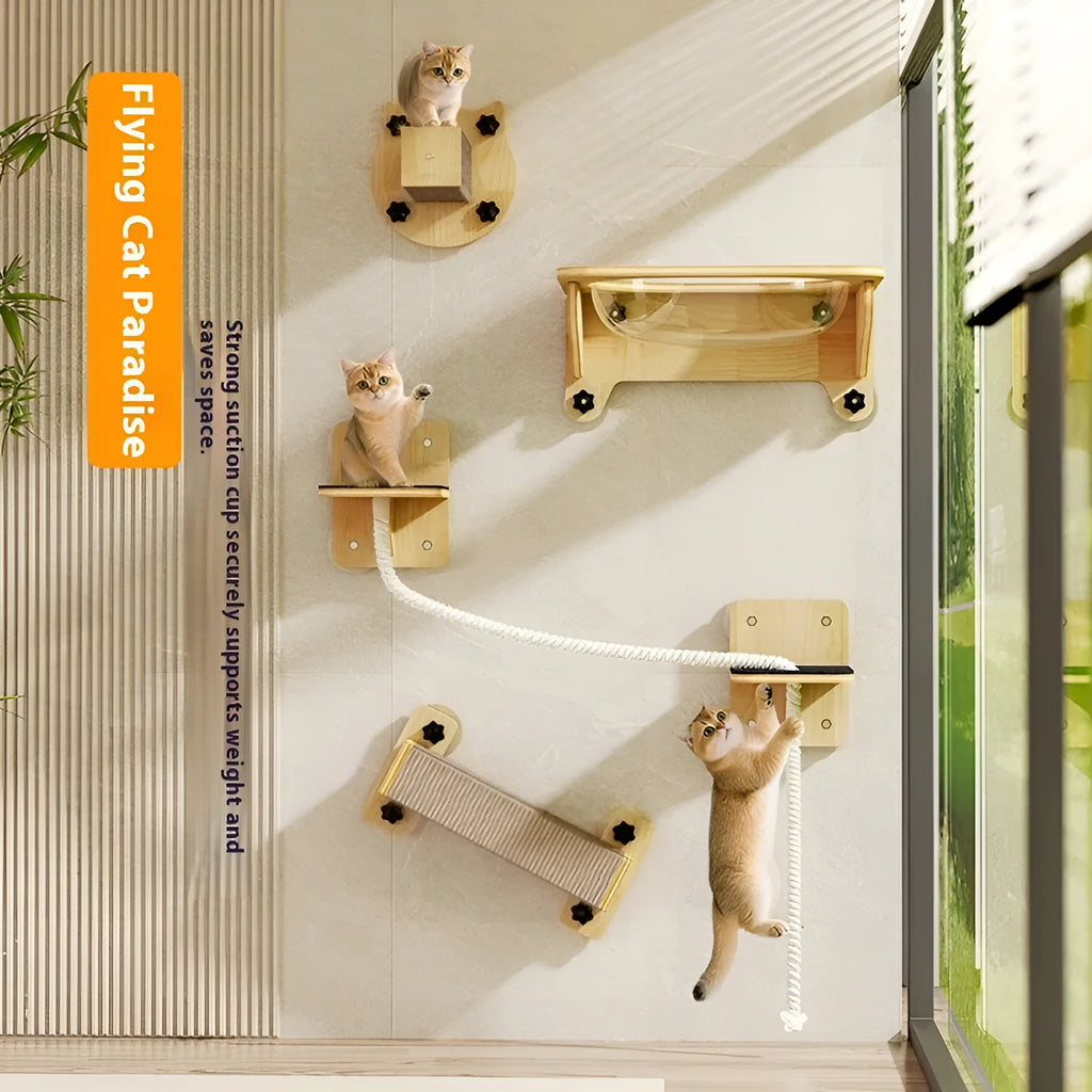 Suspended space capsule cat scratching chamfer with wall-mounted climbing frame and sisal scratching surfaces