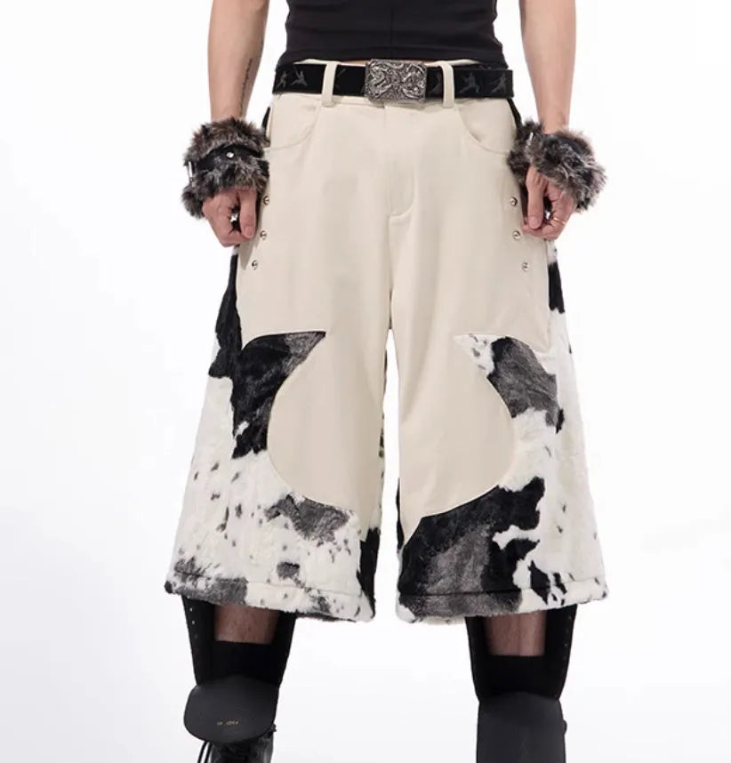 Youthful stitching milk fibre fur cropped pants with a personalised checkered or striped pattern.