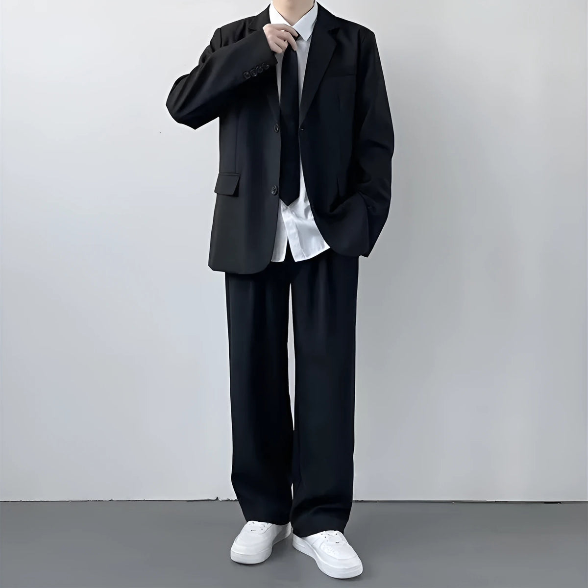 Men's plus size college style suit jacket and trousers with white shirt and tie formal set
