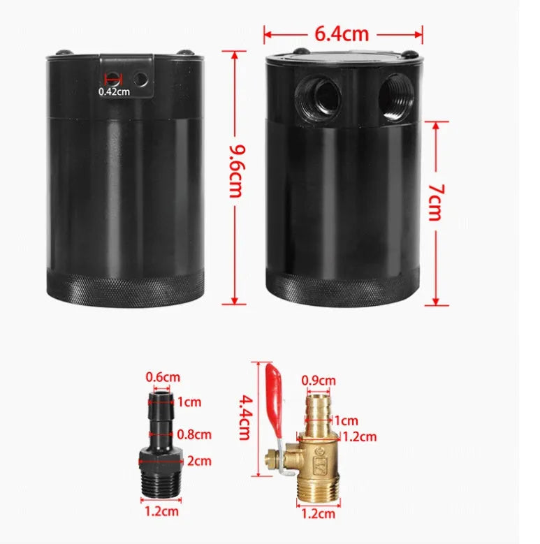 Automotive aluminium oil pot with two-hole breathable design and oil-free valve in black finish
