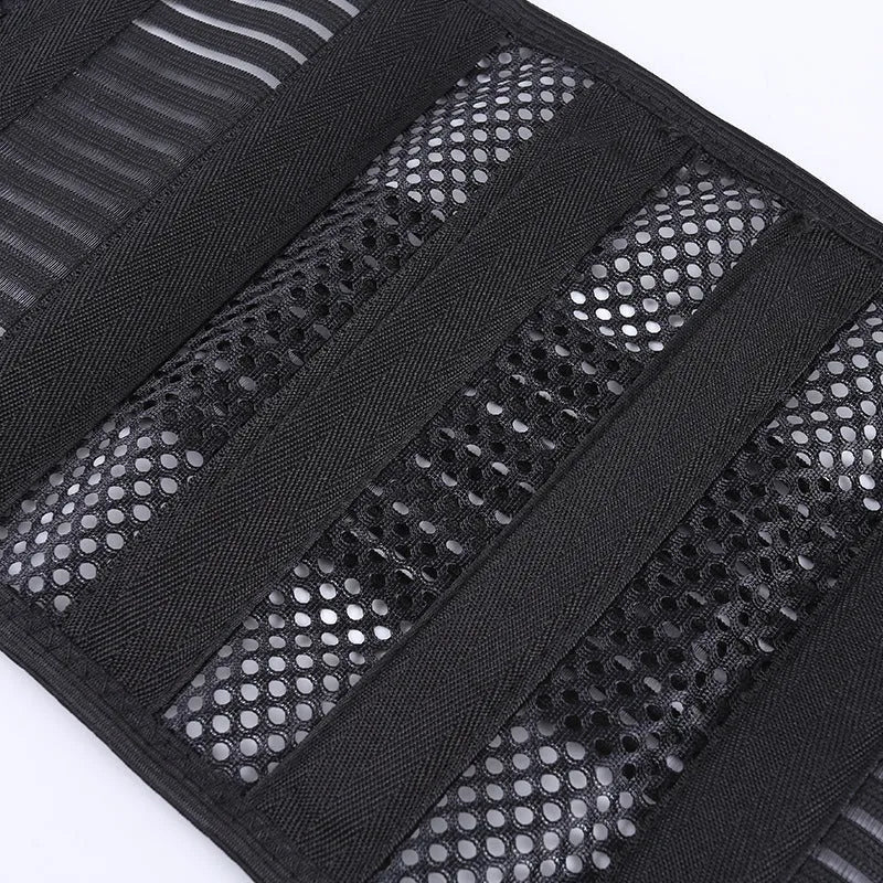 Black adjustable sports waist support belt with internal steel plate for lumbar decompression.