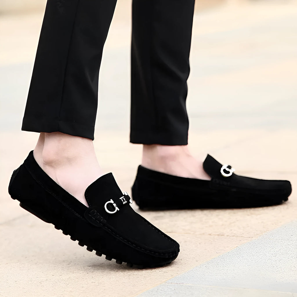 Men's black slip-on leather shoes with square-toe design and matte finish