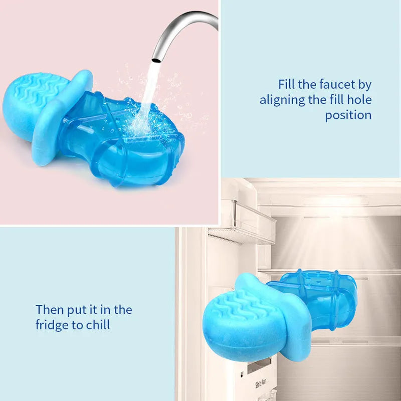 Three water-filled dog cooling toys: pacifier, popsicle and ring shapes for summer heat relief