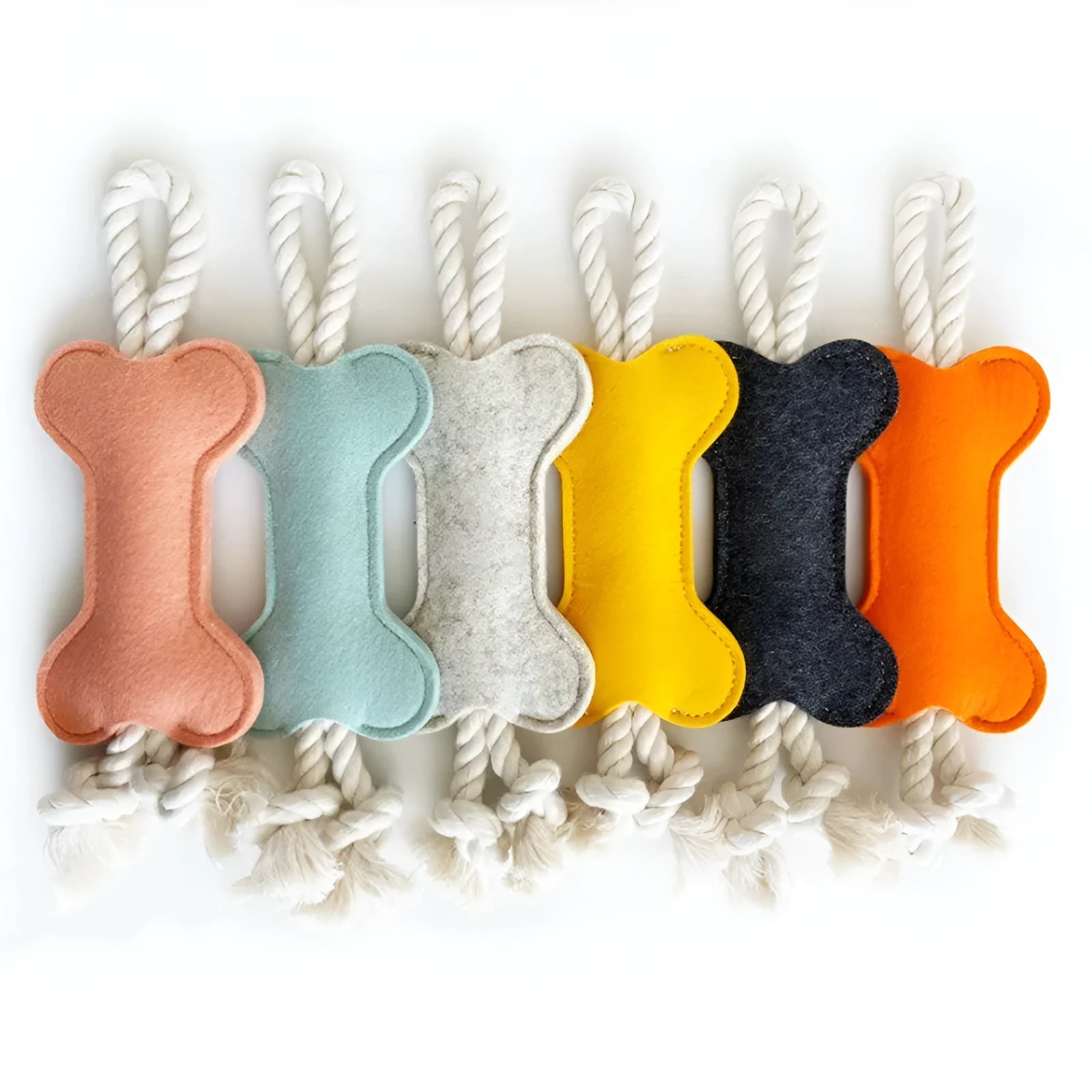 Durable bone-shaped dog chew toy made of felt and rope knots in blue, for bite resistance training.