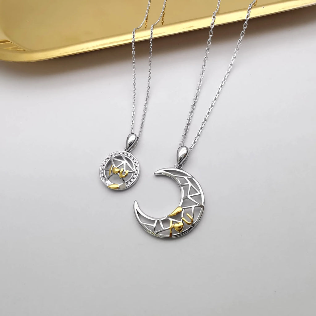 Sun and moon couple necklace set with electroplated copper pendants on cross chain