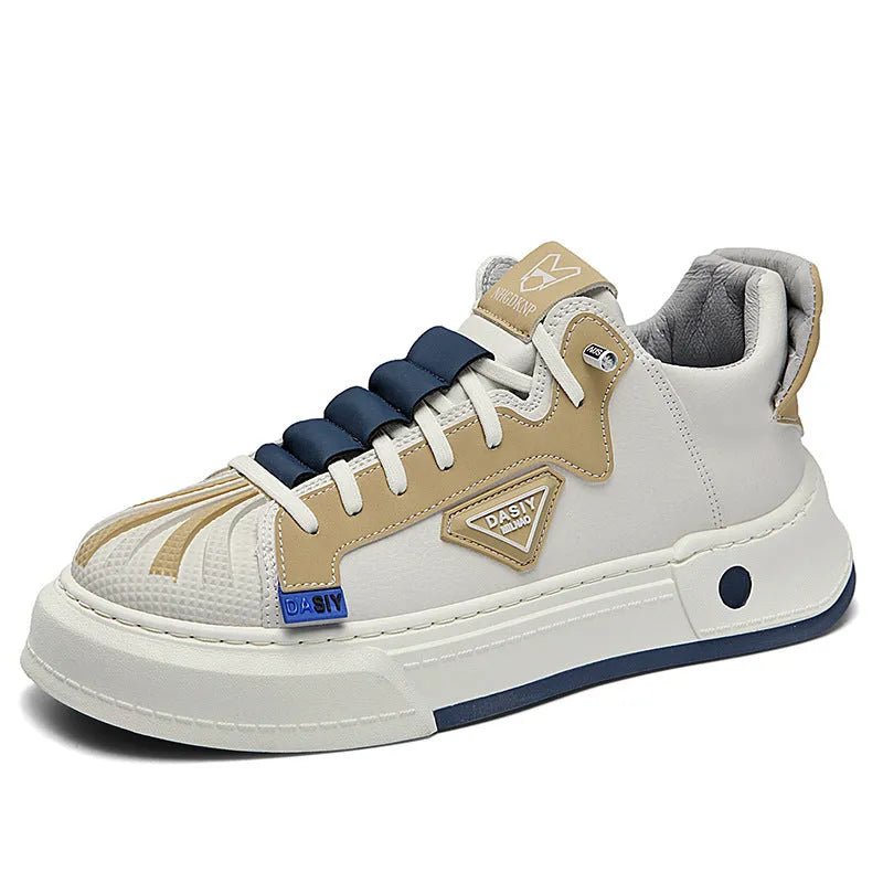 Men's beige low-top sneakers with elastic band fastening and leather stitching details