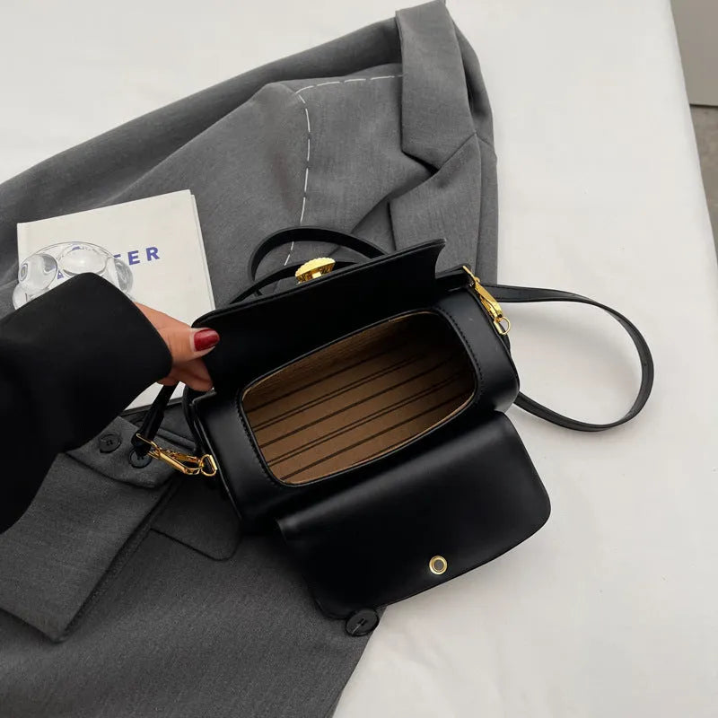 Personalised women's PU leather shoulder messenger bag with front letter stitching in beige, black, khaki, or pink.
