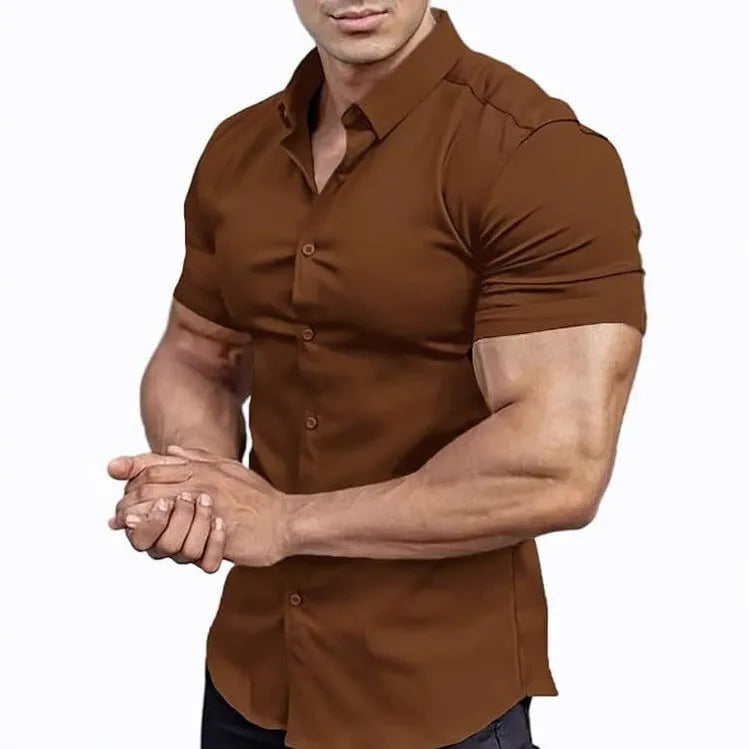 Men's brown short sleeve printed shirt with shirt collar in casual cardigan style.