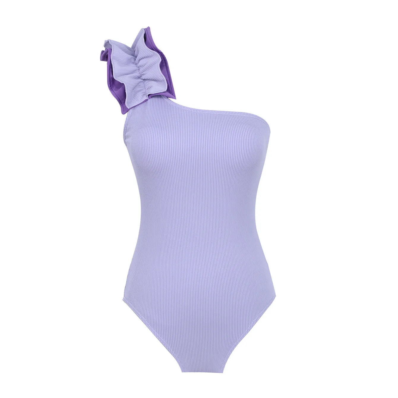 Women's single-shoulder high-waist one-piece swimsuit in a solid colour.