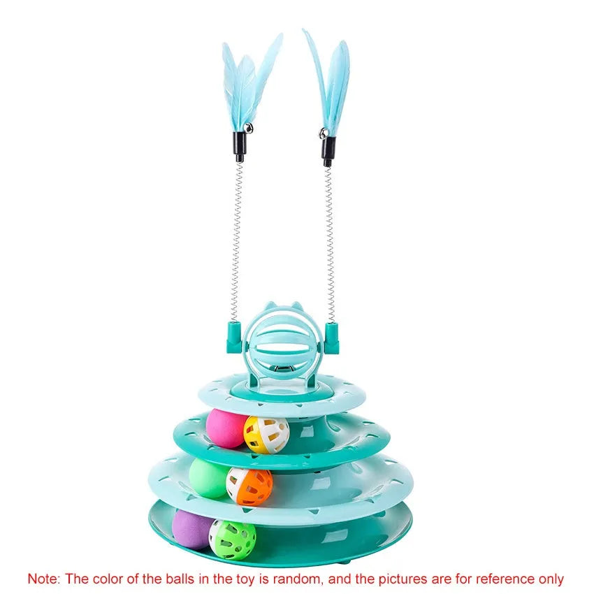 Blue 4-tier interactive cat toy with balls and teasing rods on a non-slip base.