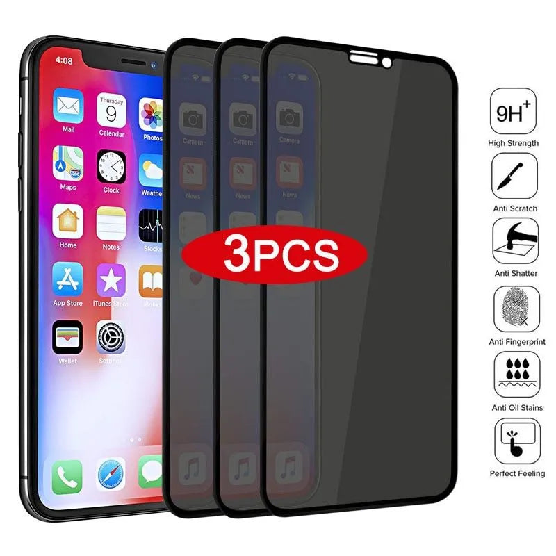 Black anti-peeping tempered glass screen protector for iPhone showing privacy filter effect