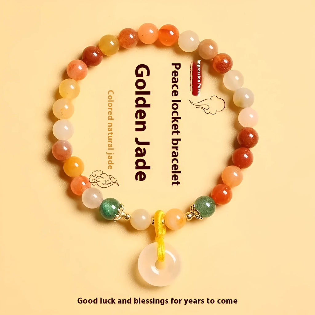 Handmade Chinese style safety buckle bracelet with natural jinsi jade and red agate 6mm peace clasp beads
