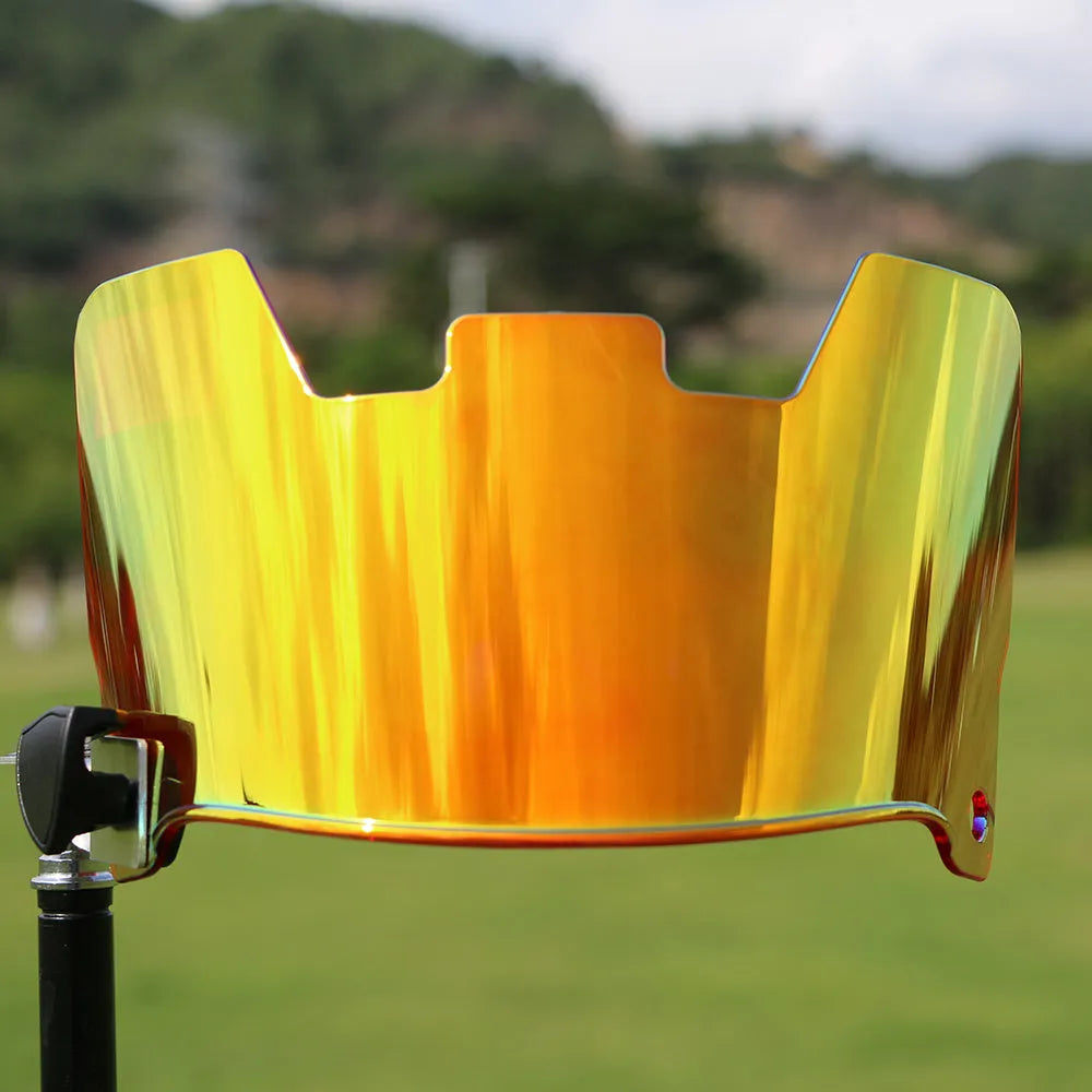 American style rugby helmet goggles in a multicolour option, showing attachment to a rugby helmet.