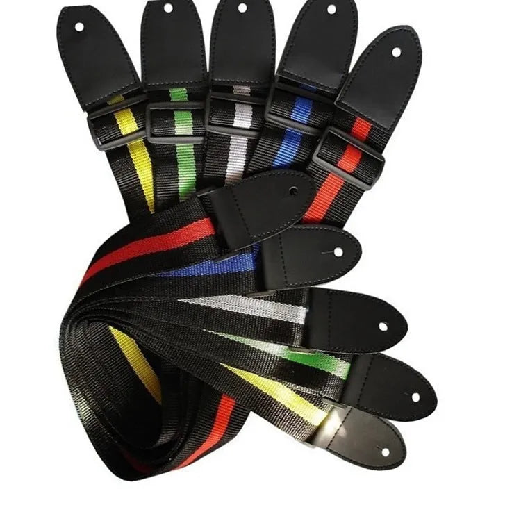 Woven crossbody musical instrument strap in multiple colours with clip-on hooks for guitar, bass, and ukulele.