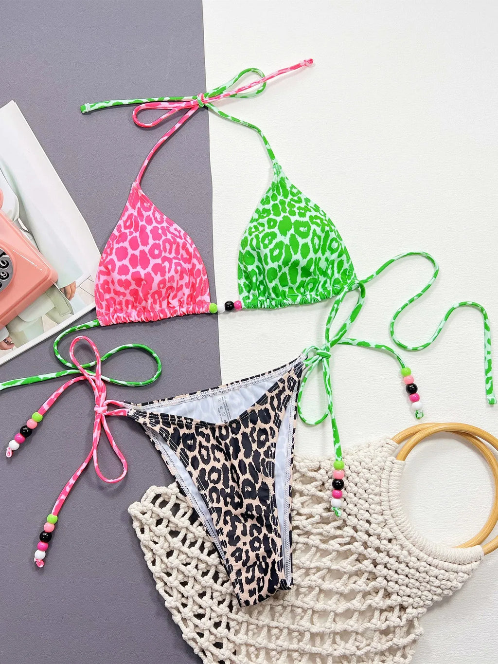 Women's leopard print bikini swimsuit set with bra and brief style panties