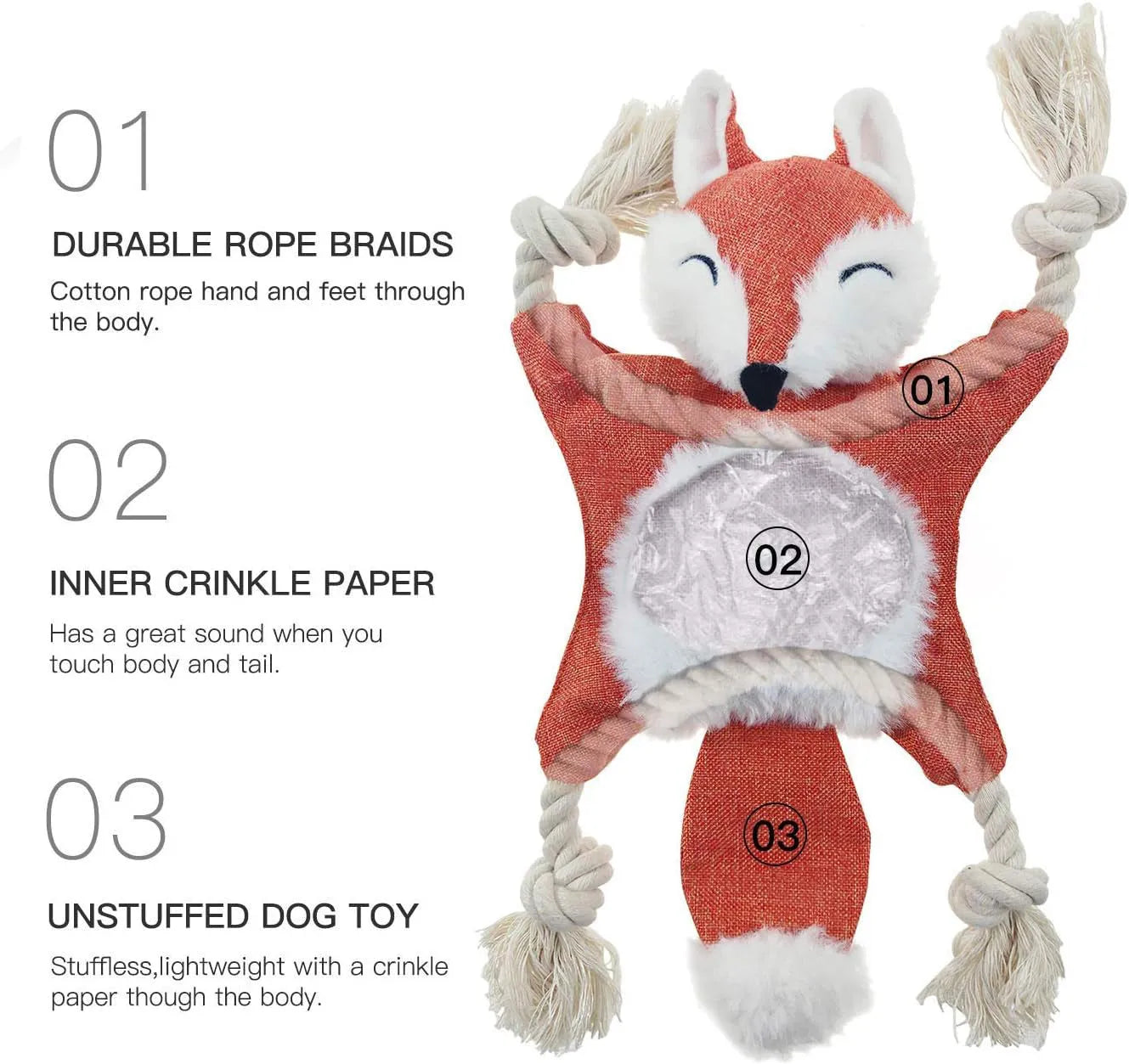 Brown fox-shaped plush dog toy with squeaker, crinkle paper, and cotton ropes in limbs.