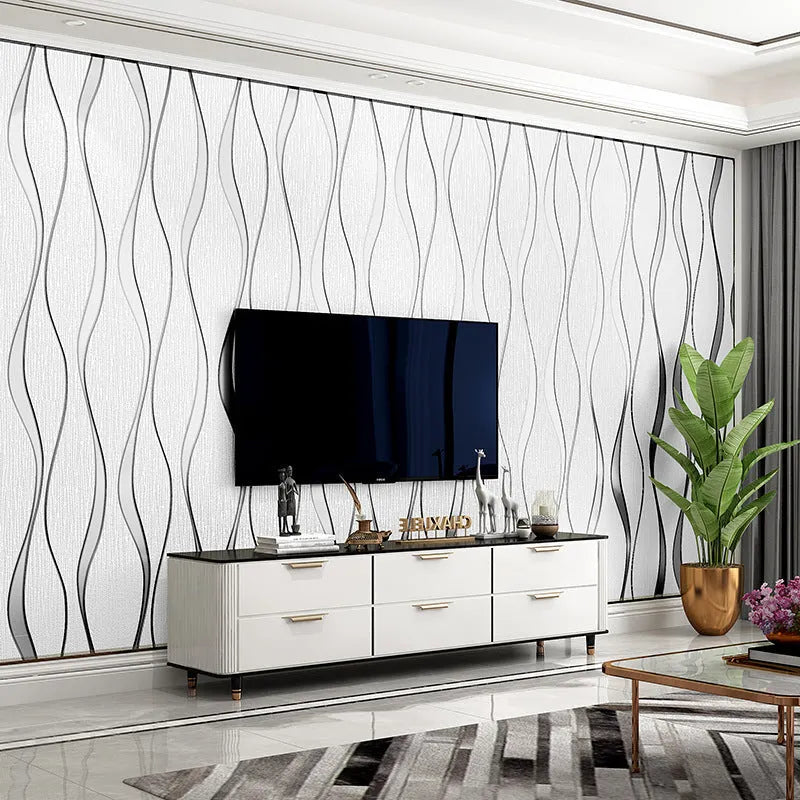Curve Stripe 3D textured wallpaper roll in deerskin velvet finish, showing light grey and dark brown colour options.