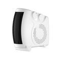 White compact electric heater for desktop use with power and fan controls.