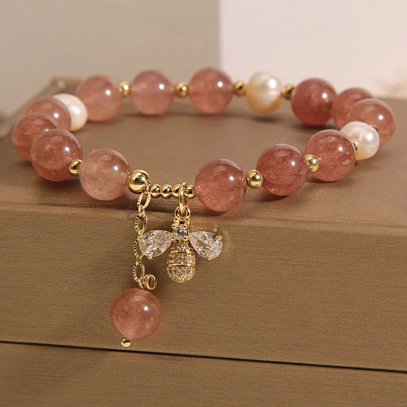 Women's strawberry quartz and freshwater pearl bracelet with zircon details and alloy clasp