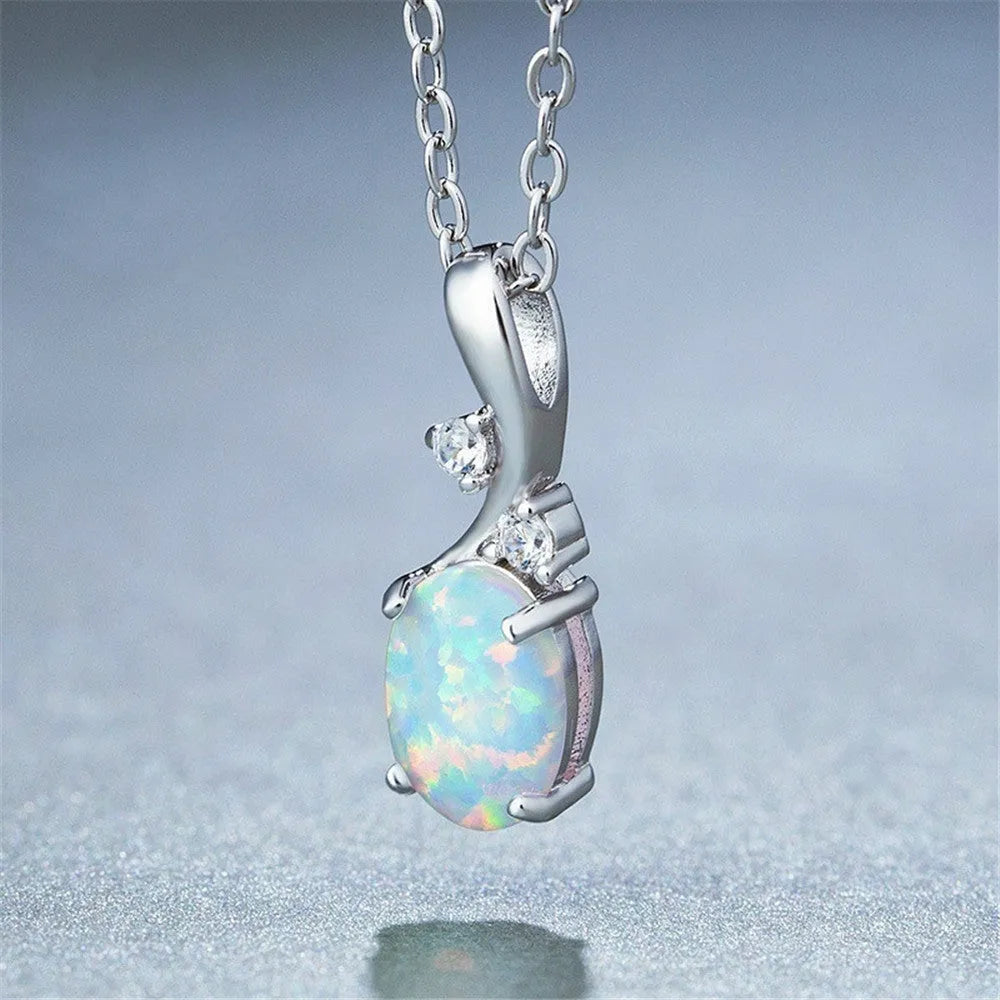 Water drop shaped opal pendant on an adjustable O-shaped electroplated alloy necklace chain