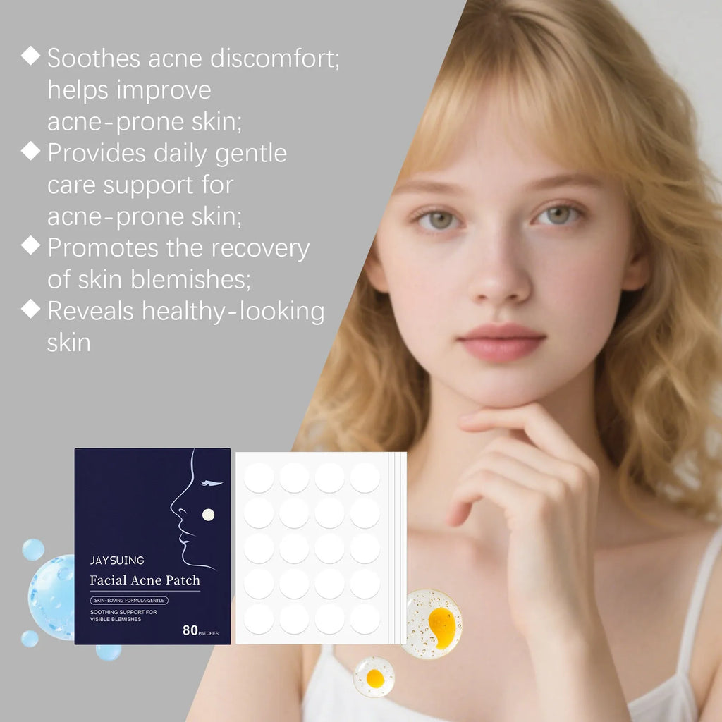 Package of 80 hydrocolloid facial acne patches for gentle spot treatment