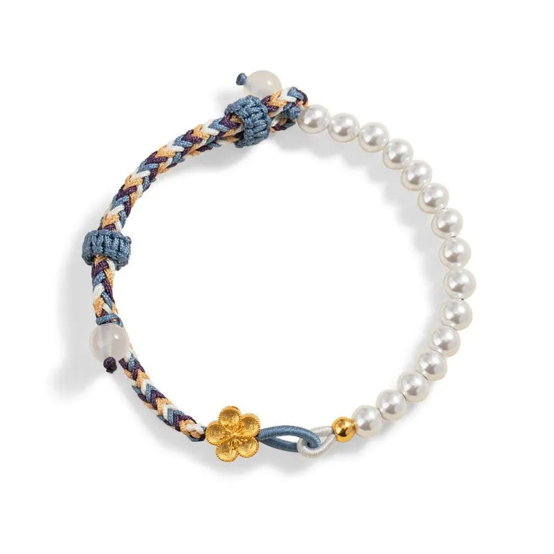Sterling silver chalcedony carrying strap bracelet with Chinese flower weaving and peach colour