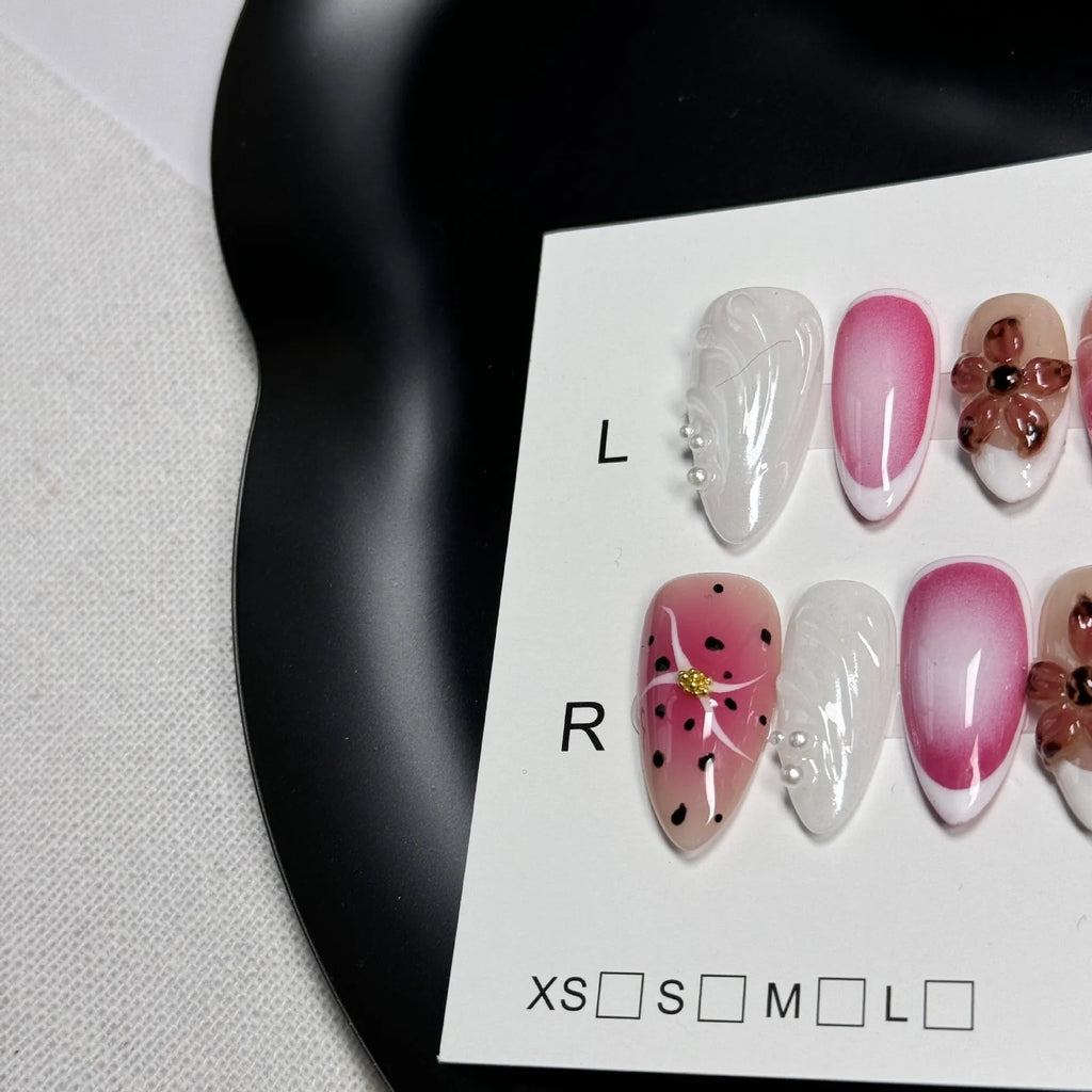 False nail beauty patches with hand-painted 3D carved candy embossed patterns in almond shape
