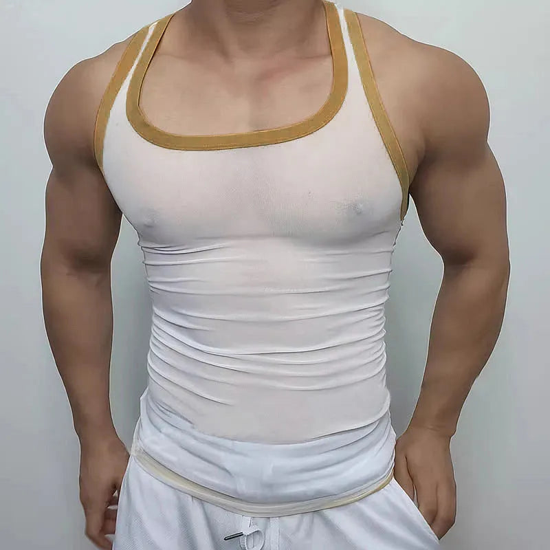 Men's slim fit black mesh sports vest for gym workouts