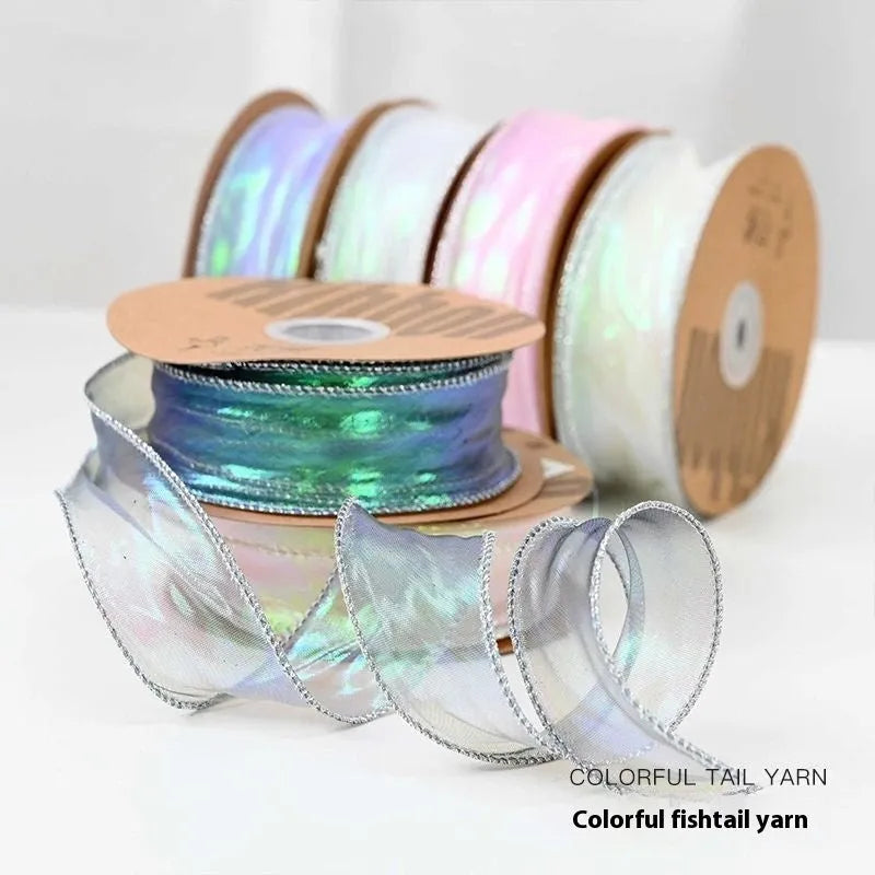 4cm wide fishtail yarn ribbon with colourful wave pattern in mesh material