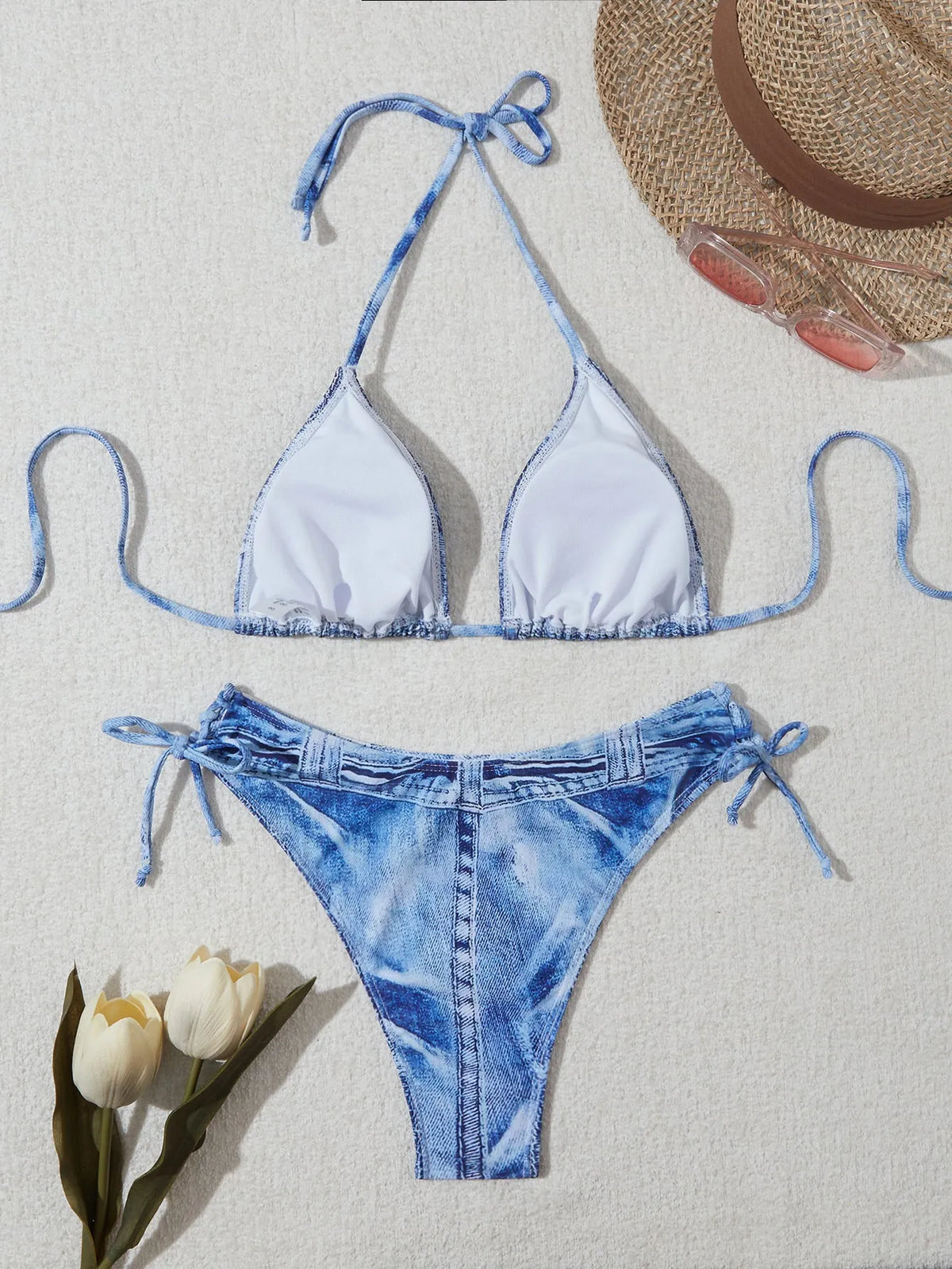 Women's denim blue printed bikini set with strap design and nylon-spandex fabric