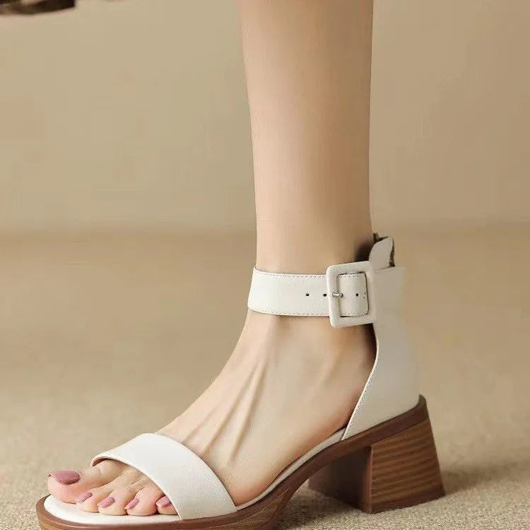 Retro ankle-strap platform heels for women in khaki colour with round toe and PU leather construction